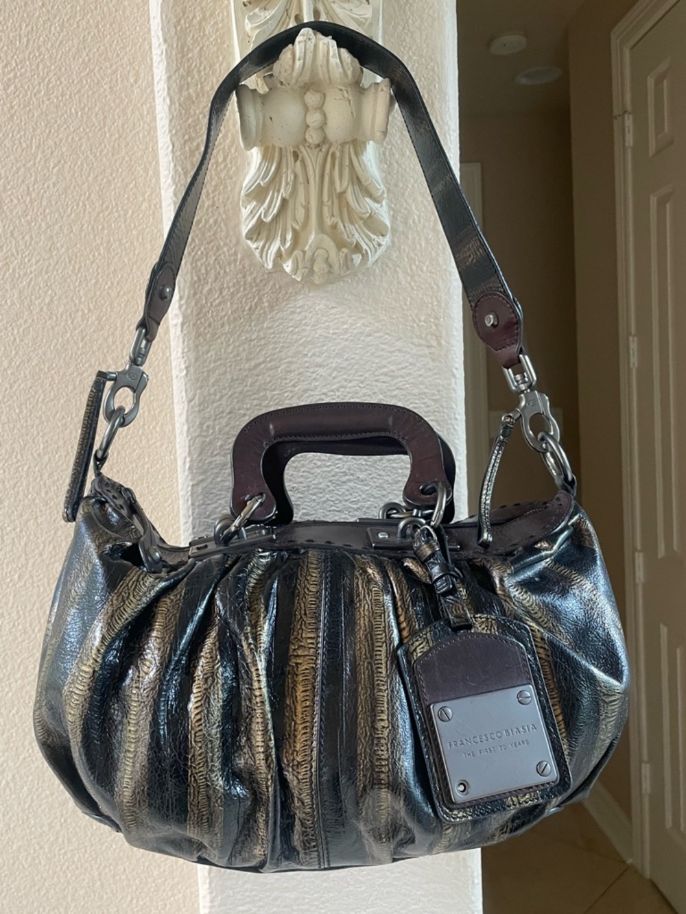 Francesco Biasia stripe two way bag gold brown black